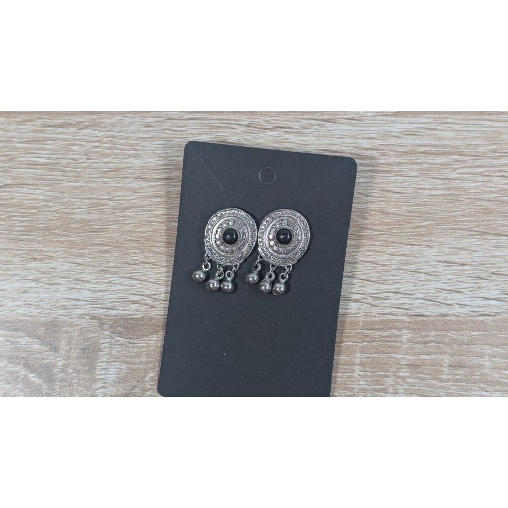 Silver Tone Stud Dangle Earrings Black Stone Tribal Boho Style